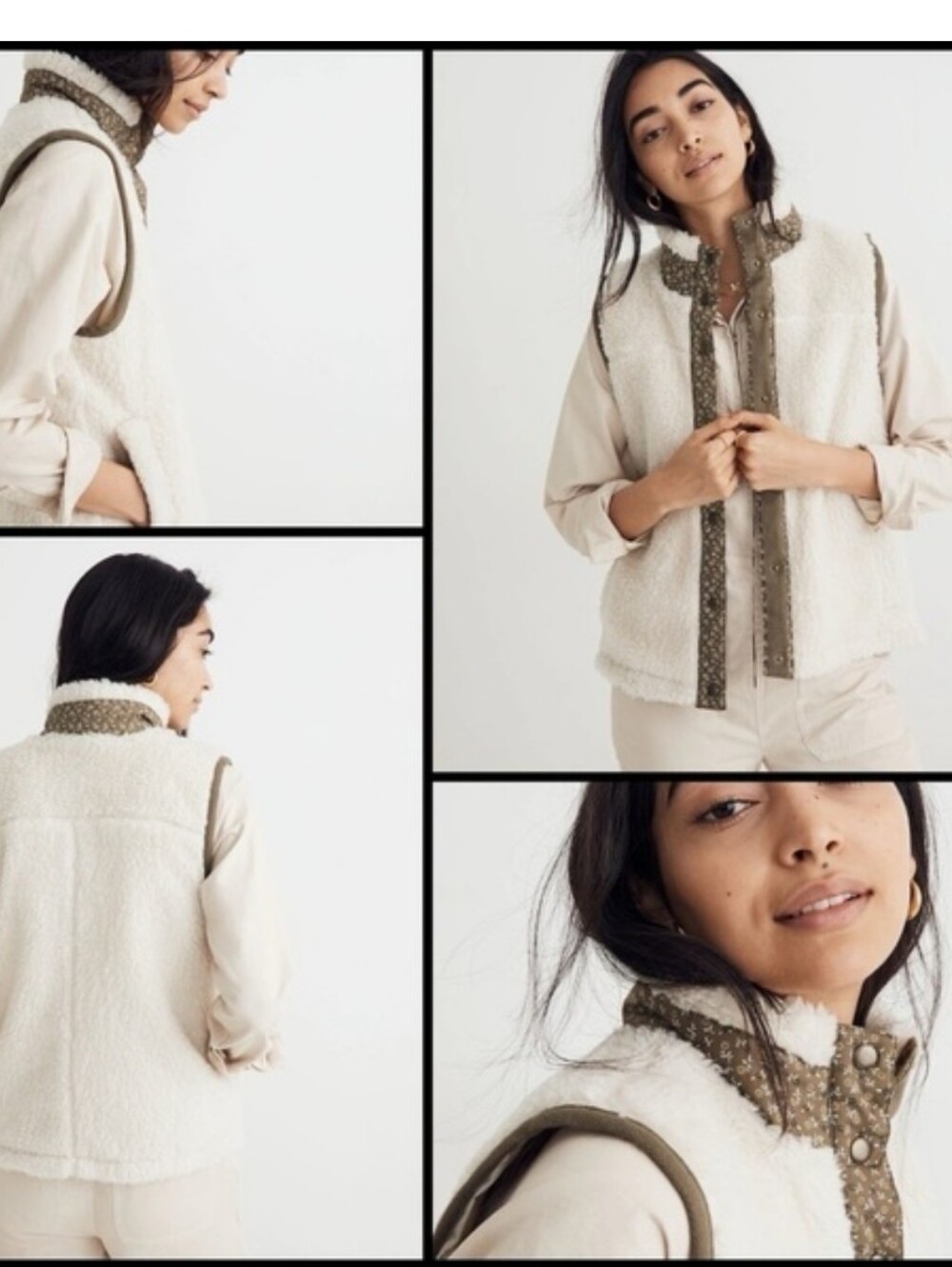Madewell Cream Faux-Shearling Vest with Olive Trim